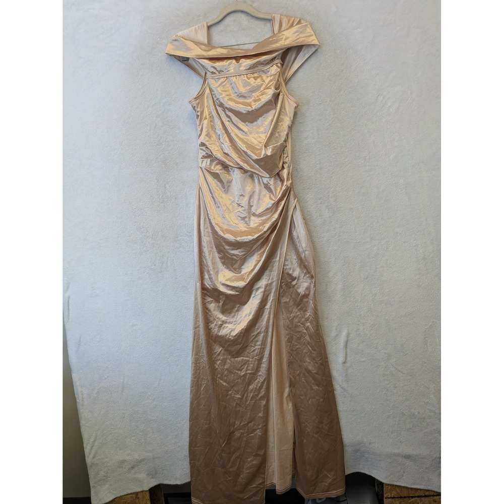 Women's‎ Size L Champagne Satin Ruched Off Shoulder Formal Maxi Dress Side Slit